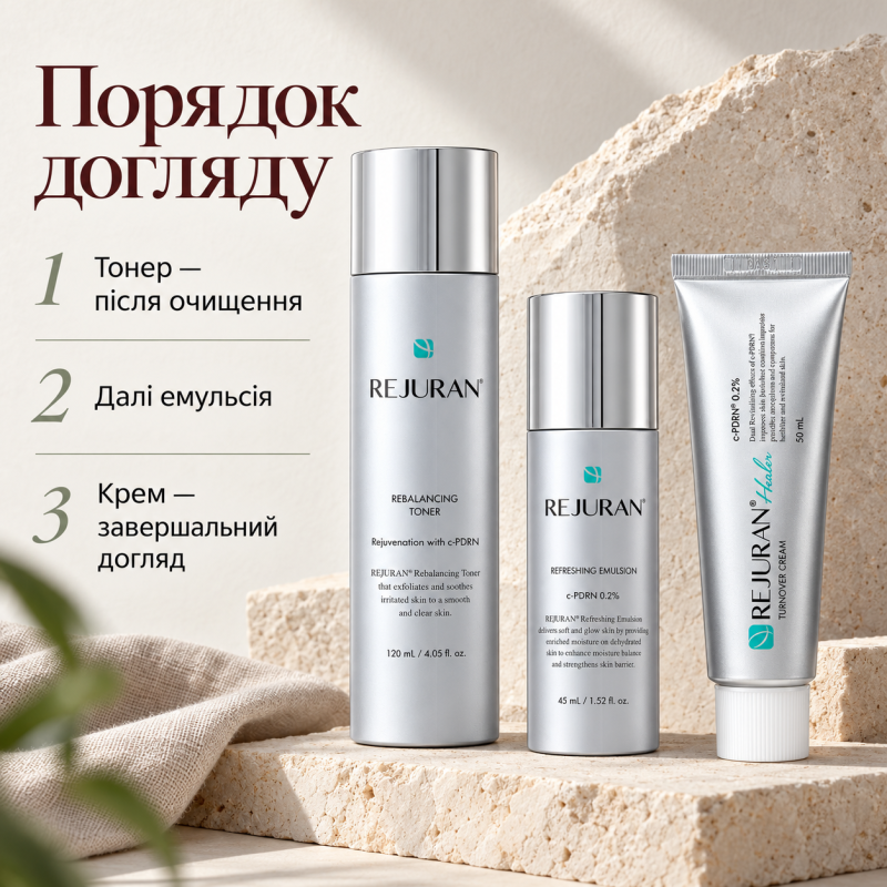 Набір для обличчя Rejuran: тонер Healer Rebalancing Toner 120 мл, емульсія Refreshing Emulsion 45 мл та крем Turnover Cream 50 мл