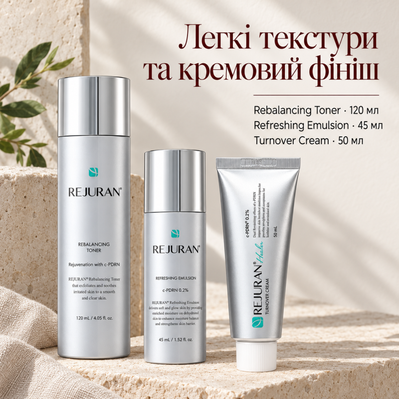 Набір для обличчя Rejuran: тонер Healer Rebalancing Toner 120 мл, емульсія Refreshing Emulsion 45 мл та крем Turnover Cream 50 мл
