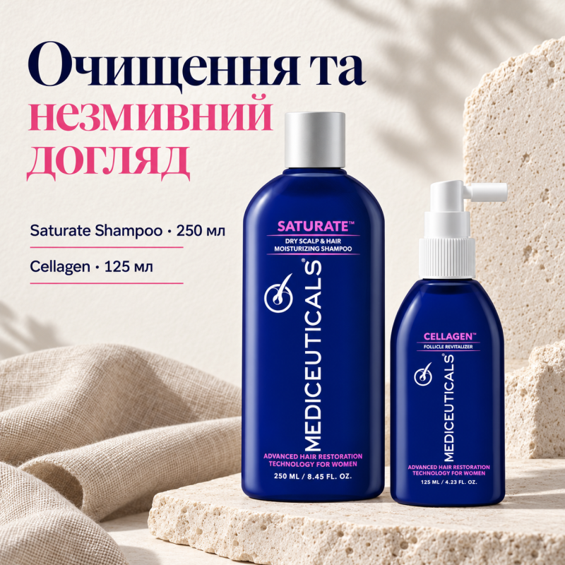 Набір Mediceuticals для жінок: шампунь Saturate 250 мл та сироватка Cellagen 125 мл