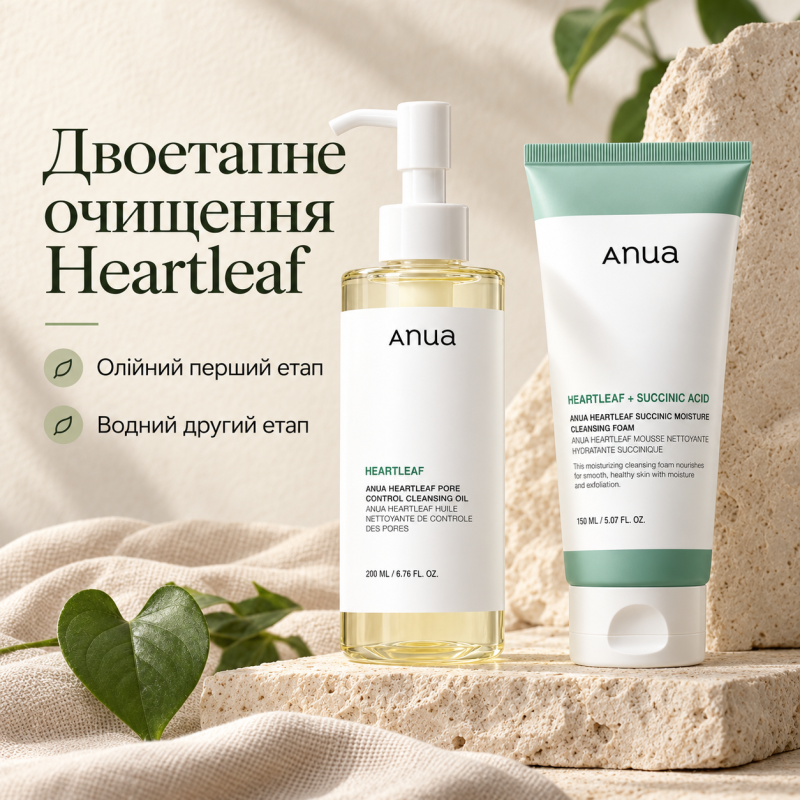 Набір для двоетапного очищення обличчя Anua Heartleaf: гідрофільна олія 200 мл та пінка для вмивання 150 мл