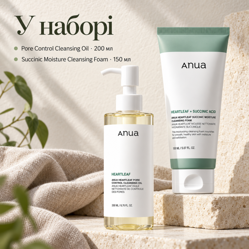 Набір для двоетапного очищення обличчя Anua Heartleaf: гідрофільна олія 200 мл та пінка для вмивання 150 мл