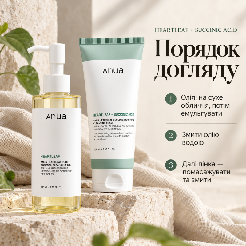 Набір для двоетапного очищення обличчя Anua Heartleaf: гідрофільна олія 200 мл та пінка для вмивання 150 мл