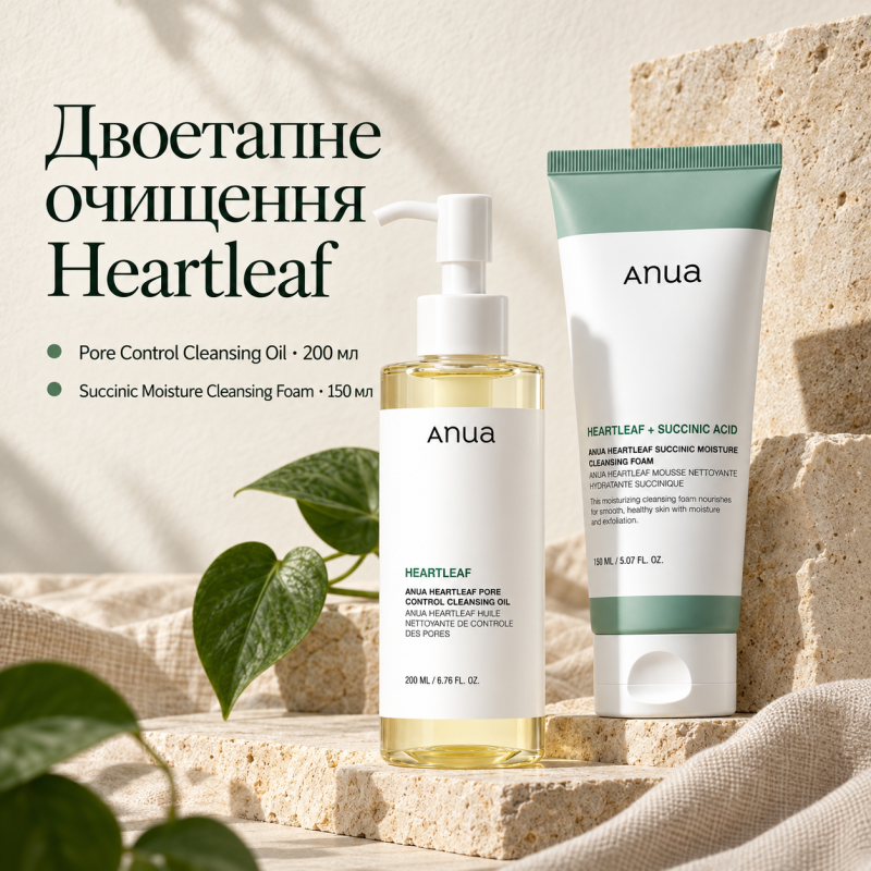 Набір для двоетапного очищення обличчя Anua Heartleaf: гідрофільна олія 200 мл та пінка для вмивання 150 мл